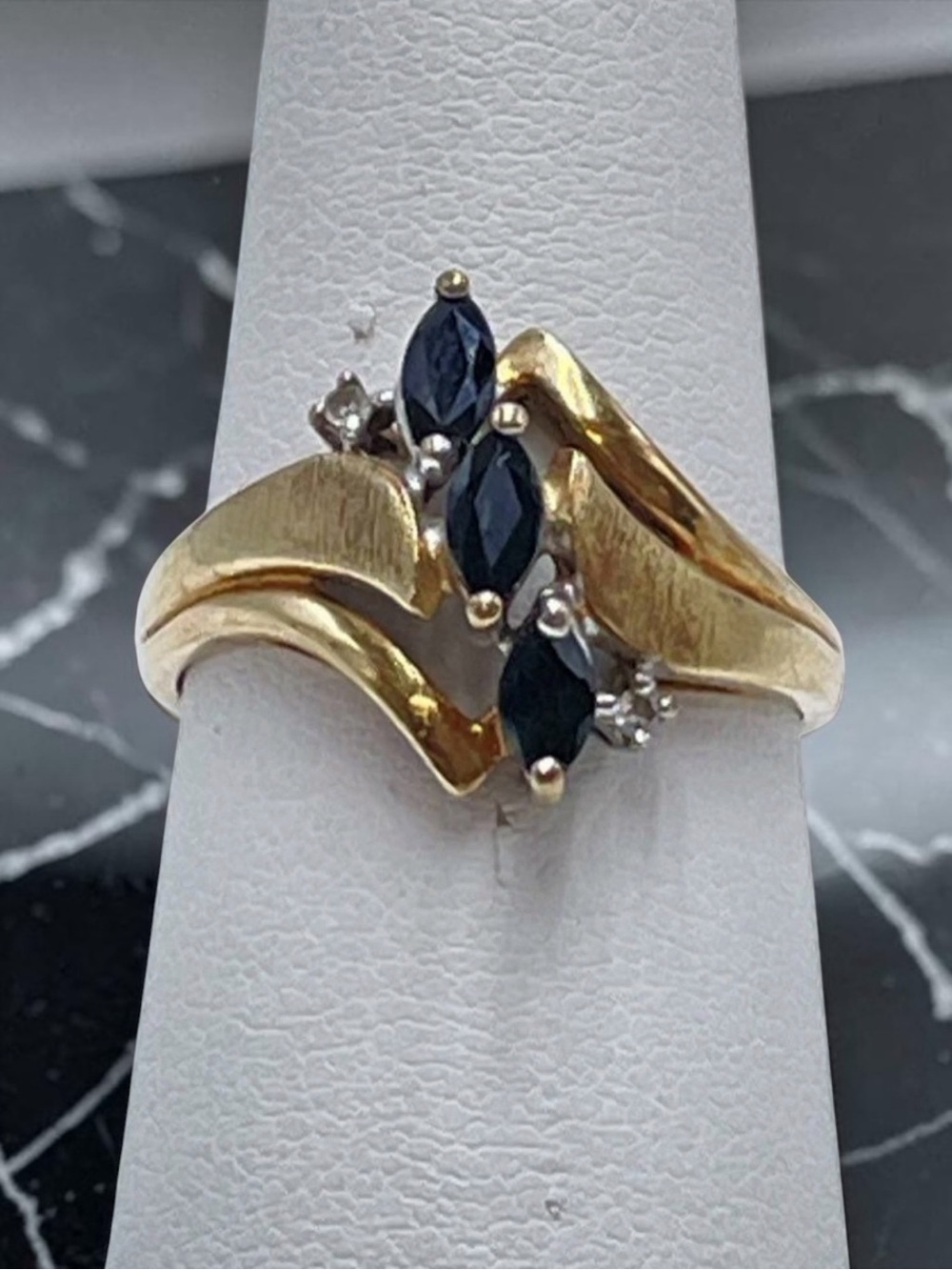 10K Yellow Gold Diamond Dark Blue Marquise Bypass Ring Size 7